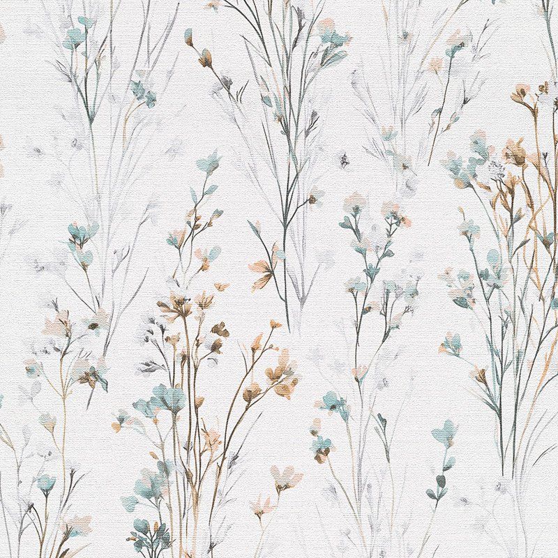 Papel pintado flores silvestres azul y amarillo sobre blanco – Natura 10561-35