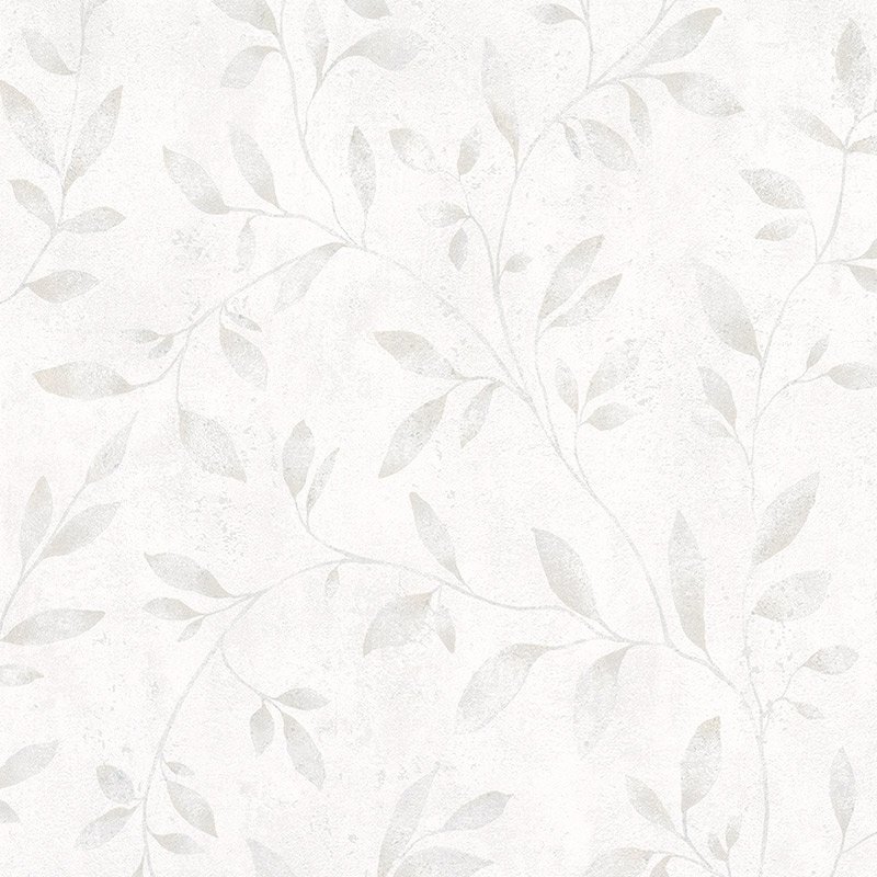 Papel pintado ramitas y hojas finas beige claro sobre blanco – Hojaraska 32632