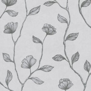 Papel pintado flores en tallo gris sobre blanco – Hojaraska 34802