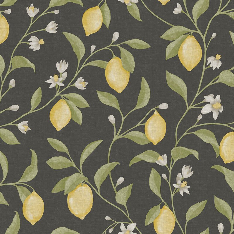 Papel pintado ramas de limonero fondo negro – Goya 3854-5