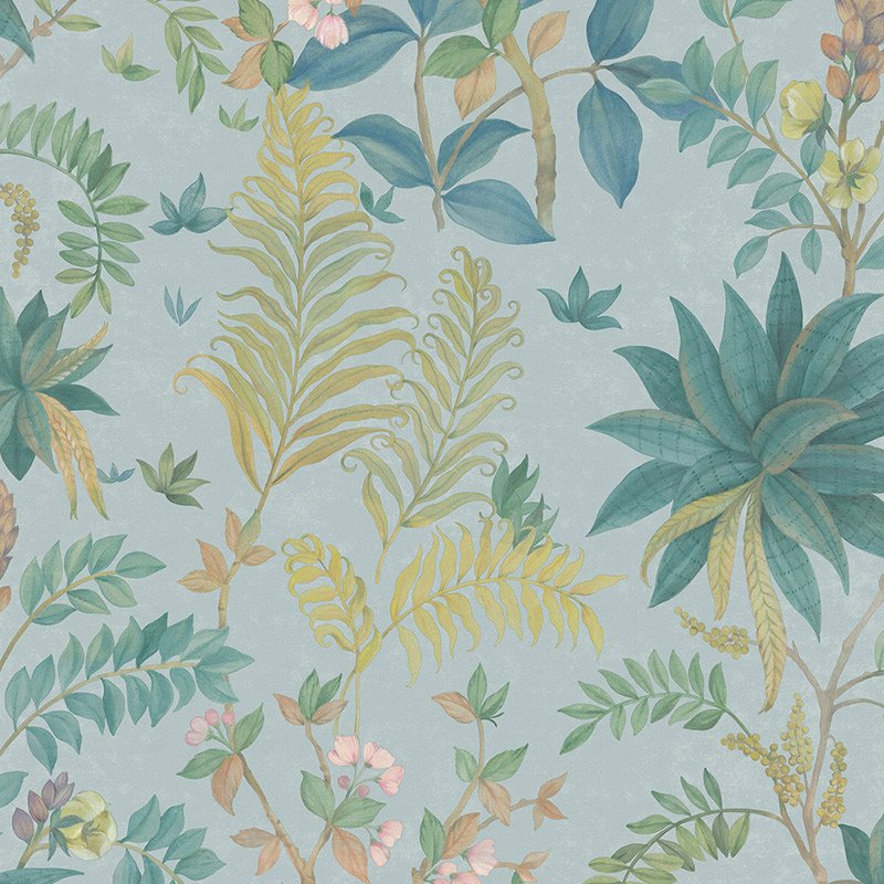 Papel pintado helechos y plantas botánicas fondo azul grisáceo – Jaipur ICH 480-2