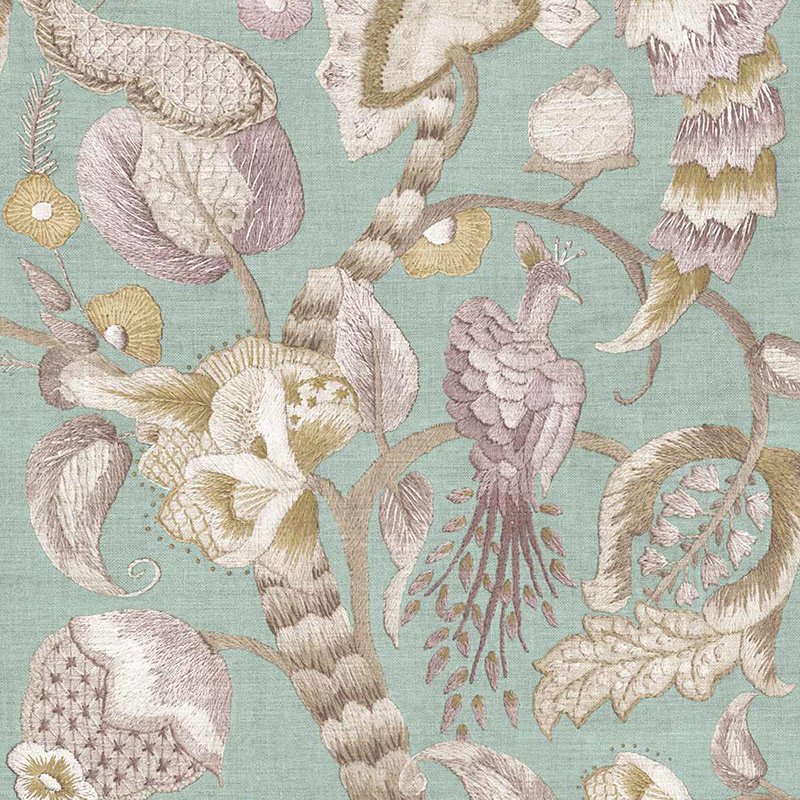 Papel pintado pájaros y flores exóticas fondo verde agua – Jaipur Parato 5800
