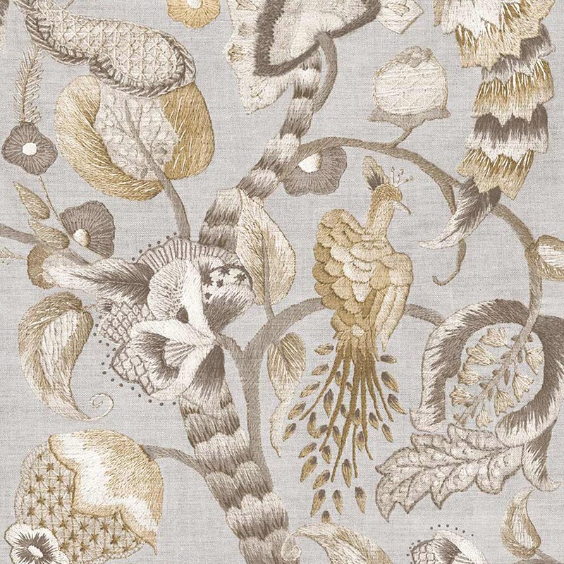 Papel pintado pájaros y flores exóticas fondo gris perla – Jaipur Parato 5801