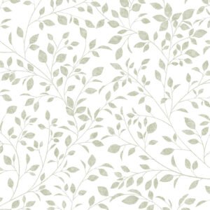 Papel pintado hojitas en ramas verde sobre blanco – Spring 88947